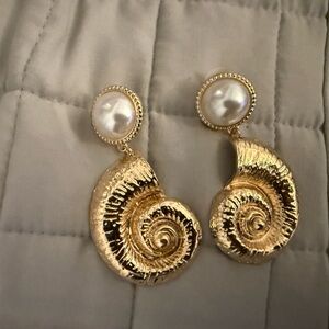 Gold Pearl Shell Drop Earrings - Women Jewelry